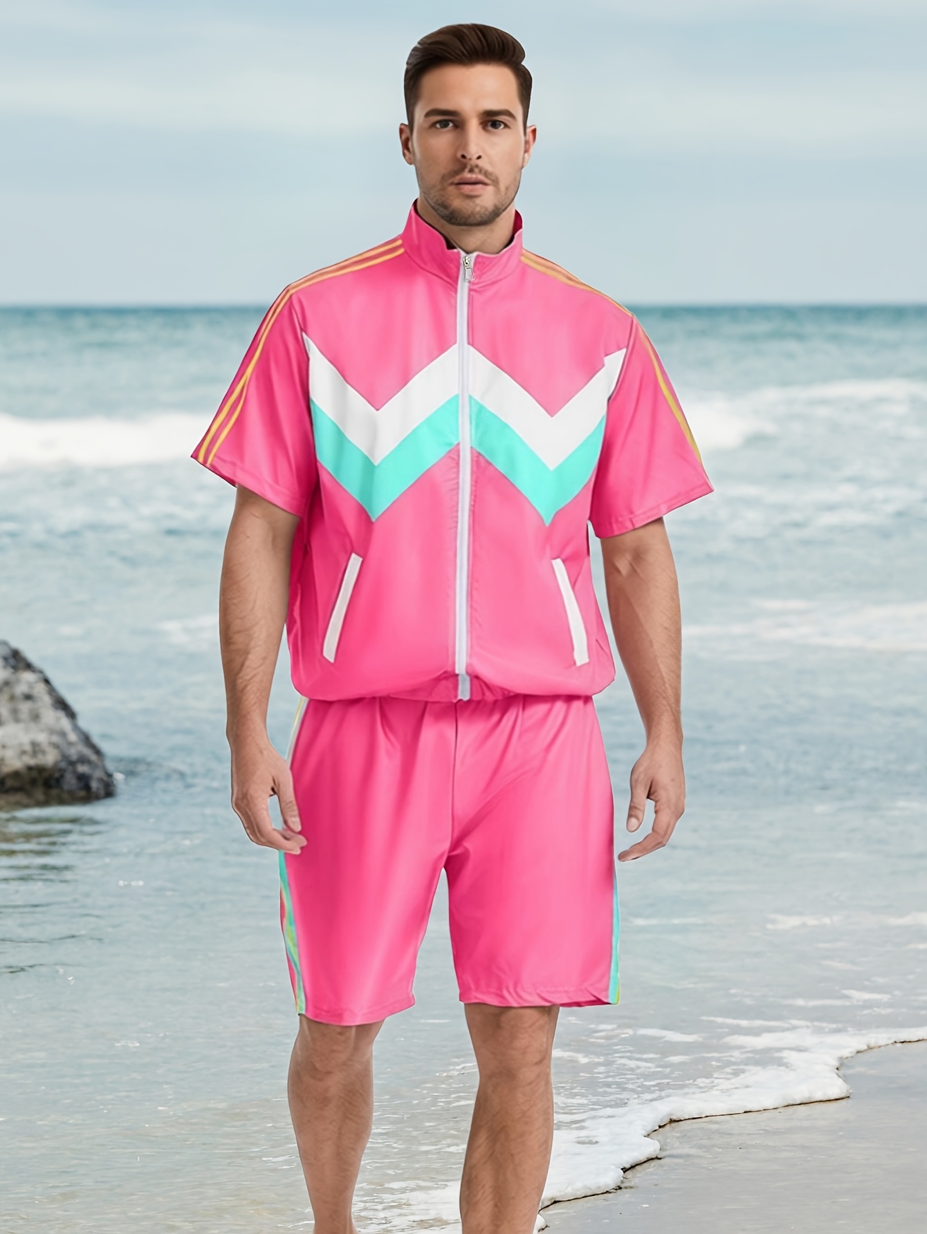 Men's 80s Workout Costume, Retro Color Block Sports Outfit